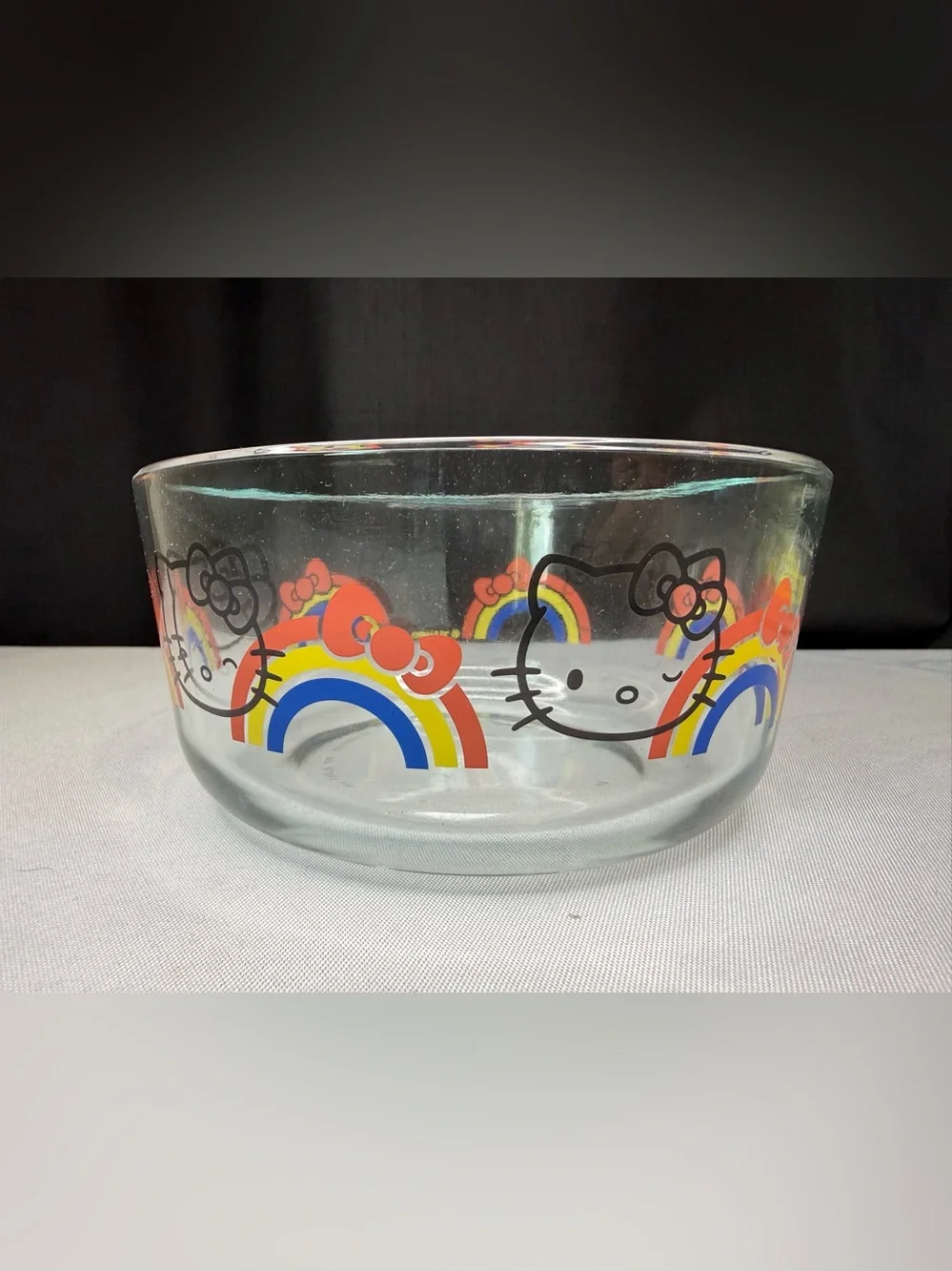 Hello Kitty  Glass Pyrex Bowl with Rainbow and Red Bow Accents 6” Diameter